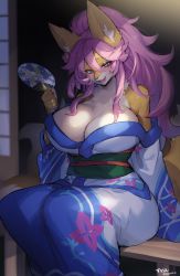 Rule 34 | 1girl, absurdres, animal ear fluff, animal ears, animal nose, bare shoulders, blue eyes, blue kimono, breasts, cleavage, furry, furry female, hair between eyes, hand fan, highres, holding, holding fan, japanese clothes, kimono, large breasts, long sleeves, looking at viewer, obi, open mouth, orange fur, original, pink hair, sash, sitting, smile, snout, solo, suurin (ksyaro), twitter username, two-tone fur, two-tone kimono, white fur, white kimono