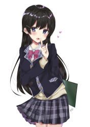 Rule 34 | 1girl, absurdres, black hair, black jacket, blush, bow, bowtie, cardigan, clipboard, commentary, hair ornament, heart, highres, index finger raised, jacket, long hair, looking at viewer, nijisanji, open mouth, plaid, plaid skirt, pleated skirt, purple eyes, school uniform, sei ichi (shiratamamikan), signature, skirt, solo, tsukino mito, tsukino mito (1st costume), very long hair, virtual youtuber, white background