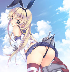 Rule 34 | 10s, 1girl, :3, anchor, ass, bad id, bad pixiv id, black panties, blonde hair, blush, brown eyes, butt crack, cloud, day, elbow gloves, gloves, hair ornament, hairband, highres, kantai collection, long hair, looking back, open mouth, panties, panty lift, panty pull, rensouhou-chan, shimakaze (kancolle), skirt, sky, solo, striped clothes, striped thighhighs, thighhighs, thong, uk-works, underwear, wedgie, white gloves