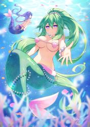 Rule 34 | 2girls, air bubble, bare shoulders, binato lulu, blue eyes, blurry, blurry foreground, blush, bracelet, breasts, bubble, cleavage, closed mouth, commentary, commission, coral, fish, floating hair, full body, green hair, green heart (neptunia), groin, hair between eyes, high ponytail, jewelry, large breasts, lens flare, light rays, long hair, looking at viewer, low twintails, mermaid, monster girl, monsterification, multiple girls, navel, necklace, neptune (series), ocean, pearl bracelet, pearl hair ornament, pearl necklace, ponytail, power symbol, power symbol-shaped pupils, purple eyes, purple hair, purple heart (neptunia), shell, shell bikini, sidelocks, signature, smile, stomach, symbol-shaped pupils, twintails, underboob, underwater, very long hair