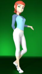 Rule 34 | 1girl, 3d, ben 10, blue shirt, breasts, closed mouth, eyebrows, female focus, full body, gradient background, green background, green eyes, gwen tennyson, hair ornament, hairclip, highres, looking at viewer, midriff peek, nail polish, nose, orange hair, photonlanccer, raglan sleeves, shirt, short hair, simple background, small breasts, smile, solo, standing, swept bangs, tagme