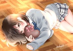 Rule 34 | 1girl, artist name, bad id, bad pixiv id, blush, box, brown eyes, brown hair, cardigan, commentary request, covered mouth, gift, gift box, grey cardigan, heart, heart-shaped box, holding, holding gift, indoors, long sleeves, looking at viewer, lying, on floor, on side, original, plaid, plaid skirt, pleated skirt, ribbon, school uniform, sheepd, shirt, short hair, skirt, solo, thighs, uniform, valentine, white shirt, wooden floor