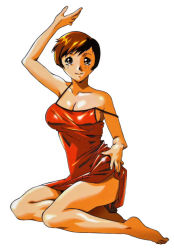 Rule 34 | 1990s (style), 1girl, arm up, barefoot, breasts, brown eyes, brown hair, cleavage, collarbone, full body, hand on own hip, highres, large breasts, non-web source, official art, retro artstyle, short hair, simple background, sitting, smile, solo, spaghetti strap, strap slip, super real mahjong, tanaka ryou, toyohara etsuko, white background, yokozuwari