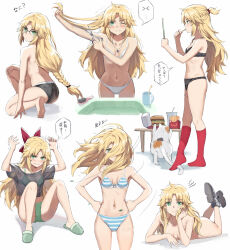Rule 34 | 1girl, ass, blonde hair, bra, braid, breasts, fate/apocrypha, fate (series), french braid, green eyes, highres, long hair, looking at viewer, mordred (fate), mordred (fate/apocrypha), multiple views, nude, panties, parted bangs, ponytail, sidelocks, small breasts, speech bubble, tonee, translation request, underwear
