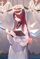 Rule 34 | 1girl, absurdres, alternate hair length, alternate hairstyle, arknights, book, chromatic aberration, church, cowboy shot, cross, detached wings, drawn on eyes, drooling, english text, exusiai (arknights), hair over one eye, halo, highres, holding, holding book, indoors, iris yi, long hair, long sleeves, mixed-language commentary, open mouth, red hair, robe, saliva, sleeping, sleeping upright, solo focus, standing, straight hair, white robe, wings