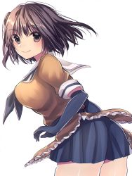 Rule 34 | 10s, 1girl, 8931ponzu, alternate breast size, alternate hairstyle, black gloves, black skirt, breasts, brown eyes, brown hair, closed mouth, cowboy shot, elbow gloves, eyebrows, frills, gloves, kantai collection, large breasts, leaning forward, looking at viewer, looking back, miniskirt, one side up, pleated skirt, school uniform, sendai (kancolle), serafuku, short hair, simple background, skirt, smile, solo, white background