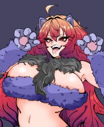 Rule 34 | 1girl, ahoge, alternate costume, animal ears, bra, breasts, cain lk, claw pose, cleavage, fangs, fur-trimmed bra, fur-trimmed sleeves, fur trim, goddess of victory: nikke, hair intakes, highres, large breasts, long hair, nihilister (nikke), red eyes, red hair, solo, tongue, tongue out