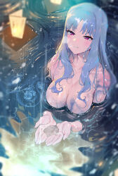 Rule 34 | 1girl, absurdres, bare shoulders, blush, breasts, cleavage, collarbone, commentary request, grey hair, highres, idolmaster, idolmaster (classic), large breasts, long hair, looking up, midnamana, nude, open mouth, partially submerged, purple eyes, rain, shijou takane, solo