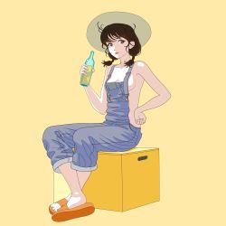 Rule 34 | 1girl, absurdres, black hair, blue overalls, bottle, breasts, brown eyes, bwhitsudi, crossed legs, full body, grey hat, hand on own hip, hat, highres, holding, holding bottle, medium breasts, naked overalls, orange footwear, original, overalls, sandals, shadow, sideboob, simple background, sitting, smile, solo, twintails, yellow background