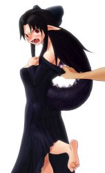 Rule 34 | 00s, 1girl, angry, bad id, bad pixiv id, barefoot, black hair, blush, bow, dress, fang, from behind, fusion, godzilla, godzilla (series), gojiren, grabbing, hair bow, long hair, m.u.g.e.n, melty blood, open mouth, pointy ears, red eyes, tail, tsukihime, white len (tsukihime)