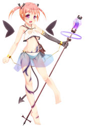 Rule 34 | 1girl, :d, bag, bare shoulders, barefoot, blush, cuffs, demon tail, elbow gloves, feet, gloves, midriff, navel, open mouth, orange hair, purple eyes, satchel, sekine irie, short hair, simple background, skirt, smile, solo, staff, tail, white background, wings