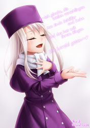 Rule 34 | 1girl, :d, capelet, coat, coat dress, closed eyes, fate/stay night, fate (series), german text, gyatto624, highres, illyasviel von einzbern, long hair, music, open mouth, purple capelet, purple coat, purple hair, scarf, silver hair, singing, smile, solo, standing, straight hair, translated, twitter username, white background, white scarf, winter clothes, winter coat
