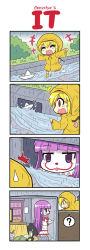 Rule 34 | +++, 2girls, 4koma, ^^^, blonde hair, blunt bangs, bookshelf, boots, bowl, chopsticks, closed eyes, clown, colonel aki, comic, commentary request, flandre scarlet, food, fruit, it (stephen king), makeup, mandarin orange, multiple girls, open mouth, outstretched arms, paper boat, parody, patchouli knowledge, pennywise, purple eyes, purple hair, rain, raincoat, rubber boots, sidelocks, sidewalk, smile, spread arms, squatting, standing, storm drain, surprised, table, touhou, trash, trash bag, wings