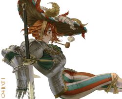 Rule 34 | 1girl, armor, cuirass, freckles, gauntlets, greatsword, hat, hat feather, highres, jewelry, large hat, leaning back, multiple rings, ofthelimbo, original, pants, plate armor, red hair, ring, simple background, sitting, smoke, smoking pipe, solo, striped clothes, striped pants, sword, vertical-striped clothes, vertical-striped pants, weapon, white background, wide brim