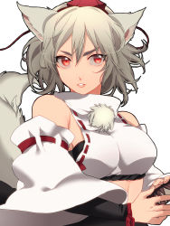 Rule 34 | 1girl, animal ears, bad id, bad pixiv id, bare shoulders, breasts, detached sleeves, hat, highres, inubashiri momiji, looking at viewer, midriff, mihatarou, pom pom (clothes), red eyes, short hair, silver hair, solo, sword, tail, tokin hat, touhou, weapon, wolf ears, wolf tail