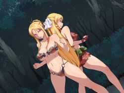 Rule 34 | 00s, 2girls, angry, armor, bikini, bikini armor, blonde hair, blush, breasts, censored, discipline: the record of a crusade, drill hair, dutch angle, feet out of frame, fighting stance, forest, hair bun, hair ribbon, large breasts, legs, long hair, looking at viewer, looking away, morimoto leona, morimoto reina, multiple girls, nature, navel, nightmare express, outdoors, purple eyes, pussy, ribbon, sideboob, single hair bun, standing, swimsuit, thighs, tree