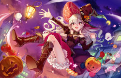Rule 34 | 1girl, boots, candy, cloud, corrin (female) (fire emblem), corrin (fire emblem), fire emblem, fire emblem fates, food, halloween costume, hashiko (neleven), hat, high heel boots, high heels, jack-o&#039;-lantern, long hair, long sleeves, nintendo, open mouth, red eyes, sky, solo, twitter username, white hair, witch hat