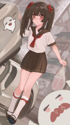 Rule 34 | 1girl, absurdres, artist name, bag, black footwear, black sailor collar, black skirt, blush, boo tao (genshin impact), brown hair, car, closed mouth, commentary request, flower-shaped pupils, full body, genshin impact, highres, holding, holding bag, hu tao (genshin impact), long hair, mary janes, motor vehicle, neckerchief, outdoors, plastic bag, red eyes, red neckerchief, sailor collar, school uniform, serafuku, shoes, short sleeves, skirt, smile, socks, solo, sports car, standing, symbol-shaped pupils, twintails, watermark, white socks, yukiale