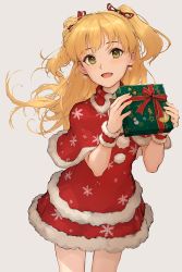 Rule 34 | 1girl, blonde hair, blush, bow, box, capelet, christmas, commentary, cowboy shot, dress, earrings, fang, floating hair, fur-trimmed dress, fur trim, gift, gift box, giving, green eyes, grey background, hair ribbon, head tilt, highres, holding, holding gift, idolmaster, idolmaster cinderella girls, incoming gift, jewelry, jougasaki rika, kouzuki kei, layered dress, long hair, looking at viewer, open mouth, red dress, ribbon, santa costume, simple background, smile, snowflake print, solo, symbol-only commentary, two side up, wristband