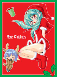 Rule 34 | 00s, 2girls, ^ ^, animal costume, animal ears, blue hair, blush, border, christmas, closed eyes, english text, galaxy angel, gift, green border, green hair, hat, long hair, looking at viewer, merry christmas, mint blancmanche, mistletoe, multiple girls, red background, reindeer costume, santa costume, santa hat, short hair, simple background, smile, tagme, text focus, thighhighs, vanilla h