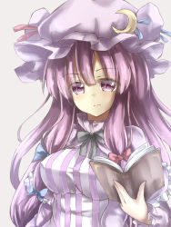 Rule 34 | 1girl, book, crescent, deetamu, hair ribbon, hat, highres, impossible clothes, impossible shirt, long hair, patchouli knowledge, purple eyes, purple hair, ribbon, shirt, solo, striped clothes, striped shirt, tam-out (datam), touhou, upper body, vertical stripes