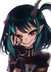 Rule 34 | 1girl, black gloves, black hair, black shirt, blue hair, closed mouth, commentary request, demon girl, demon horns, eye of providence, fang, fang out, fingerless gloves, flat chest, gloves, hand on own cheek, hand on own face, heebee, highres, horns, looking at viewer, medium hair, multicolored hair, nanashi inc., official alternate costume, one side up, red eyes, shirt, shishio chris, shishio chris (3rd costume), simple background, smile, solo, sugar lyric, two-tone hair, upper body, virtual youtuber, white background