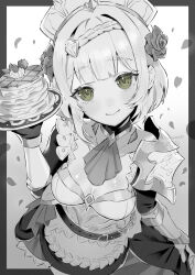 Rule 34 | 1girl, apron, armor, ascot, braid, breasts, cleavage, closed mouth, cowboy shot, falling petals, flower, food, genshin impact, green eyes, hair flower, hair ornament, highres, holding, holding plate, lighter-than-air pancake (genshin impact), maid, maid apron, maid headdress, medium breasts, monochrome, noelle (genshin impact), pancake, pancake stack, petals, plate, rose, short hair, shoulder armor, skirt hold, smile, solo, sukoyaka93