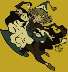 Rule 34 | 1girl, artist name, black leggings, blue cloak, blue hat, cloak, coco (tongari boushi no atelier), commentary, dress, egg (beamoflight283), full body, green eyes, green hair, hand up, hat, highres, leggings, long sleeves, looking at viewer, open mouth, outstretched arm, pointy hat, qifrey&#039;s atelier apprentice uniform, shoes, short hair, simple background, smile, solo, symbol-only commentary, tongari boushi no atelier, white dress, wizard hat, yellow background, yellow footwear