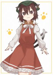Rule 34 | animal ears, blush, border, bright pupils, brown eyes, brown hair, cat ears, cat tail, chen, closed mouth, cowboy shot, dress, ear piercing, earrings, feet out of frame, frilled dress, frilled skirt, frills, green hat, hair between eyes, hat, highres, jewelry, juliet sleeves, long sleeves, looking at viewer, medium hair, mob cap, multiple tails, nail polish, nekomata, orange border, outline, paw print, paw print background, piercing, puffy long sleeves, puffy sleeves, red nails, red skirt, red vest, ribbon, single earring, skirt, smile, solo, tail, touhou, two tails, vest, white background, white pupils, white ribbon, yuzupon (yuzuponpon)