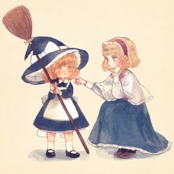 Rule 34 | 2girls, age difference, alice margatroid, apron, bad id, bad twitter id, black footwear, blonde hair, blue dress, blue eyes, blue skirt, bow, broom, capelet, closed mouth, collared dress, commentary request, dress, frilled skirt, frills, full body, hairband, hand on own cheek, hand on own face, hat, hat bow, holding, holding broom, kirisame marisa, long sleeves, mary janes, multiple girls, poking, puffy long sleeves, puffy sleeves, shoes, short hair, skirt, socks, squatting, standing, touhou, traditional media, waist apron, white bow, white legwear, witch hat, yellow eyes, aged down, yujup