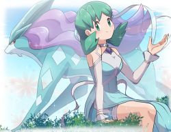 Rule 34 | 1girl, arm support, blush, choker, closed mouth, commentary request, creatures (company), detached sleeves, dress, eyelashes, flipped hair, game freak, gen 2 pokemon, green dress, green eyes, green hair, hand up, highres, knees, kris (pokemon), kris (sygna suit) (pokemon), legendary pokemon, nintendo, official alternate costume, pokemon, pokemon (creature), pokemon masters ex, saon101, sitting, smile, sparkle, suicune, twintails