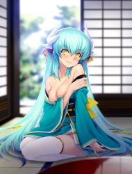 Rule 34 | 1girl, aqua hair, bare shoulders, blurry, breast hold, breasts, cleavage, closed mouth, depth of field, fate/grand order, fate (series), hair between eyes, hair ornament, horns, indoors, japanese clothes, kazuma muramasa, kimono, kiyohime (fate), lips, long hair, long sleeves, medium breasts, obi, off shoulder, sash, side slit, sitting, smile, solo, tatami, thighhighs, very long hair, white thighhighs, wide sleeves, yellow eyes