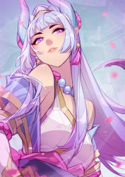 Rule 34 | 1girl, bare shoulders, bead necklace, beads, breasts, clothing request, detached sleeves, grey background, grey hair, hair ornament, horns, jewelry, large breasts, league of legends, long hair, necklace, official alternate costume, parted lips, pink eyes, pointy ears, solo, spirit blossom syndra, syndra, teeth, upper body, vmat