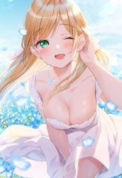 Rule 34 | 1girl, ;d, bad id, bad pixiv id, bare shoulders, blonde hair, blue flower, blue sky, blurry, blush, breasts, chain, chain necklace, cleavage, collarbone, commentary request, day, depth of field, dress, field, floating hair, flower, flower field, glint, green eyes, hand up, highres, jewelry, kinako (shiratama mochi), lens flare, long hair, looking at viewer, medium breasts, necklace, nemophila (flower), off-shoulder dress, off shoulder, one eye closed, open mouth, original, outdoors, pendant, see-through, see-through silhouette, signature, sky, smile, solo, sunlight, swept bangs, teeth, thighs, tucking hair, upper teeth only, white dress