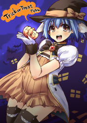 Rule 34 | 00s, 1girl, :d, animal ears, black bow, black hat, black thighhighs, blue hair, blush, bow, brooch, brown eyes, cowboy shot, galaxy angel, halloween, hat, hat bow, highres, jewelry, looking at viewer, mint blancmanche, open mouth, orange bow, orange skirt, puffy sleeves, pumpkin, shinshin, short hair, skirt, smile, solo, thighhighs, trick or treat, witch hat