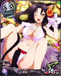 Rule 34 | 1girl, ;d, animal ears, bishop (chess), black hair, blush, breasts, card (medium), cat ears, cat girl, cat tail, character name, chess piece, cleavage, female focus, flower, gloves, hair flower, hair ornament, hair rings, hairband, high school dxd, high school dxd cross, jewelry, kuroka (high school dxd), large breasts, lingerie, lipstick, long hair, looking at viewer, lying, makeup, multiple tails, navel, necklace, negligee, official art, on back, one eye closed, open mouth, panties, paw pose, purple lips, slit pupils, smile, solo, tail, trading card, underwear, underwear only, yellow eyes