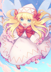 Rule 34 | blonde hair, blue eyes, bow, capelet, dress, eyelashes, fairy, fairy wings, frilled capelet, frilled dress, frills, happy, hat, lily black, lily white, long hair, open mouth, petals, red bow, red footwear, red neckwear, sky, solo, tomobe kinuko, touhou, white dress, white hat, wide sleeves, wings
