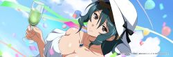 Rule 34 | 1girl, bare shoulders, breasts, cup, dated, dress, drinking glass, green hair, hat, ikkitousen, koutetsu (ikkitousen), large breasts, long hair, looking at viewer, official art, shiny skin, sky, smile, sun hat, upper body, white dress