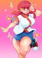 Rule 34 | 1girl, :d, absurdres, blue shorts, blush, breasts, buttons, cashumeru, creatures (company), game freak, heart, highres, large breasts, looking at viewer, nintendo, open mouth, pokemon, pokemon hgss, red eyes, red hair, shoes, short shorts, shorts, smile, sneakers, socks, solo, standing, standing on one leg, thick thighs, thighs, v, whitney (pokemon), wristband