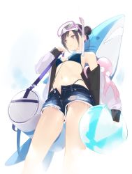 Rule 34 | 1girl, ama mitsuki, armpits, bag, ball, bare shoulders, beachball, bikini, black hair, blue bikini, blush, breasts, closed mouth, denim, denim shorts, feet out of frame, goggles, goggles on head, highres, inflatable shark, inflatable toy, jacket, long sleeves, looking away, looking to the side, multicolored hair, navel, octopus, off shoulder, open clothes, open fly, open jacket, open shorts, original, purple eyes, red hair, short hair, short shorts, shorts, shoulder bag, simple background, small breasts, snorkel, solo, standing, stomach, swimsuit, torn clothes, torn shorts, two-tone hair, white background, white jacket