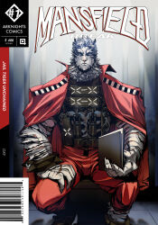 Rule 34 | 1boy, absurdres, arknights, barcode, blue eyes, book, cape, closed mouth, cover, fake cover, furry, furry male, highres, holding, holding book, looking at viewer, male focus, mountain (arknights), official alternate costume, oxy (ho2), pants, red cape, red pants, sitting, solo