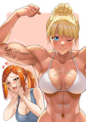 2girls abs armpits becky_montanari biceps blonde_hair blue_eyes blush breasts cleavage dark_skin flexing ge_xi highres large_breasts levasol_defense_corps lien_ai-chiang long_hair looking_at_viewer multiple_girls muscular muscular_female navel obliques open_mouth orange_eyes orange_hair simple_background smile swimsuit toned witches_in_7th_base yuri