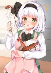 Rule 34 | 1girl, apron, arm up, black bow, black bowtie, black hairband, blunt bangs, blurry, blurry background, blush, bob cut, bow, bowl, bowtie, breasts, chocolate, chocolate making, chocolate on face, collared shirt, commentary request, cowboy shot, food, food on face, green eyes, green vest, hairband, holding, holding bowl, kitchen, konpaku youmu, long sleeves, looking at viewer, medium breasts, mixer (cooking), open mouth, pink apron, shirotsuki shirone, shirt, short hair, silver hair, solo, standing, touhou, v-shaped eyebrows, vest, white shirt, wing collar