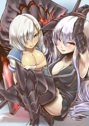 Rule 34 | 10s, 2girls, absurdres, abyssal ship, aircraft carrier oni, armor, armored boots, armpits, arms up, assisted exposure, bdsm, black dress, blue eyes, blush, bondage, boots, bound, bound wrists, breasts, cleavage, closed mouth, collarbone, covering privates, covering breasts, dress, gauntlets, gloves, hair between eyes, hair ornament, hair over one eye, hairclip, hamakaze (kancolle), highres, kantai collection, large breasts, looking at viewer, multiple girls, nukkoru, one side up, open clothes, pale skin, red eyes, sailor dress, school uniform, serafuku, short sleeves, silver hair, sweat, thigh boots, thighhighs, white gloves
