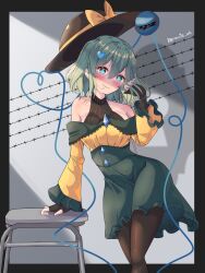 Rule 34 | 1girl, aqua eyes, arm support, bare shoulders, blue eyes, bodystocking, breasts, closed mouth, dress, feet out of frame, fingerless gloves, gloves, green hair, hair between eyes, head tilt, highres, komeiji koishi, leaning to the side, light blush, long sleeves, looking at viewer, medium breasts, medium dress, medium hair, off-shoulder dress, off shoulder, pantyhose, revvie, ringed eyes, sideboob, solo, touhou