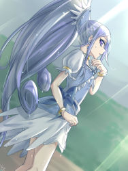 Rule 34 | 1girl, blue bow, bow, bracelet, brooch, cure diamond, dokidoki! precure, dress, grey hair, heart, heart brooch, high ponytail, highres, hishikawa rikka, jewelry, long hair, looking at viewer, magical girl, parted lips, precure, purple eyes, shipu (gassyumaron), short dress, short sleeves, solo, standing, sweatdrop, very long hair, wet, wet clothes, wet hair, white dress