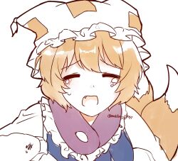 Rule 34 | 1girl, animal ears, blonde hair, blue tabard, closed eyes, crying, dress, fox ears, fox tail, hat, highres, koto (shiberia39), mob cap, multiple tails, ofuda, ofuda on clothes, open mouth, portrait, short hair, solo, tabard, tail, tears, touhou, twitter username, white background, white dress, yakumo ran