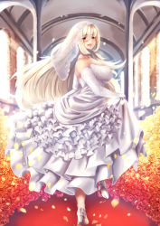 Rule 34 | 1girl, :d, arch, bare shoulders, blonde hair, blush, breasts, bridal gauntlets, bridal veil, bride, dress, flower, frilled dress, frills, full body, high heels, indoors, kuchibue (tanima club), large breasts, long hair, looking at viewer, looking back, open mouth, purple eyes, raycat, red carpet, silver shoes, skirt hold, smile, solo, standing, twisted torso, veil, wedding dress, white dress