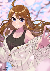 Rule 34 | 1girl, artist name, blue eyes, blurry, blush, breasts, brown hair, cherry blossoms, cleavage, depth of field, grin, highres, idolmaster, idolmaster million live!, long hair, looking at viewer, medium breasts, off-shoulder sweater, off shoulder, smile, solo, sweater, swept bangs, tank top, tokoro megumi, uroboros t