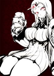 Rule 34 | 10s, 1girl, abyssal ship, bad id, bad pixiv id, bare shoulders, breasts, claws, colored skin, dress, horns, kantai collection, large breasts, long hair, looking away, oversized forearms, oversized limbs, pale skin, red eyes, ribbed dress, seaport princess, short dress, sideboob, single horn, sitting, sleeves rolled up, solo, thick thighs, thighs, uekan, wariza, white hair, white skin